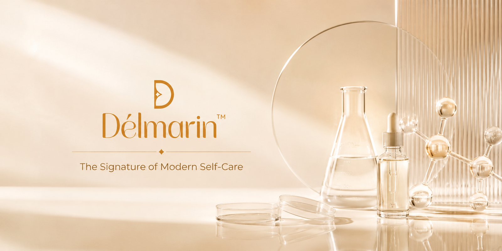 Délmarin hero banner — wordmark with laboratory glassware and serum dropper